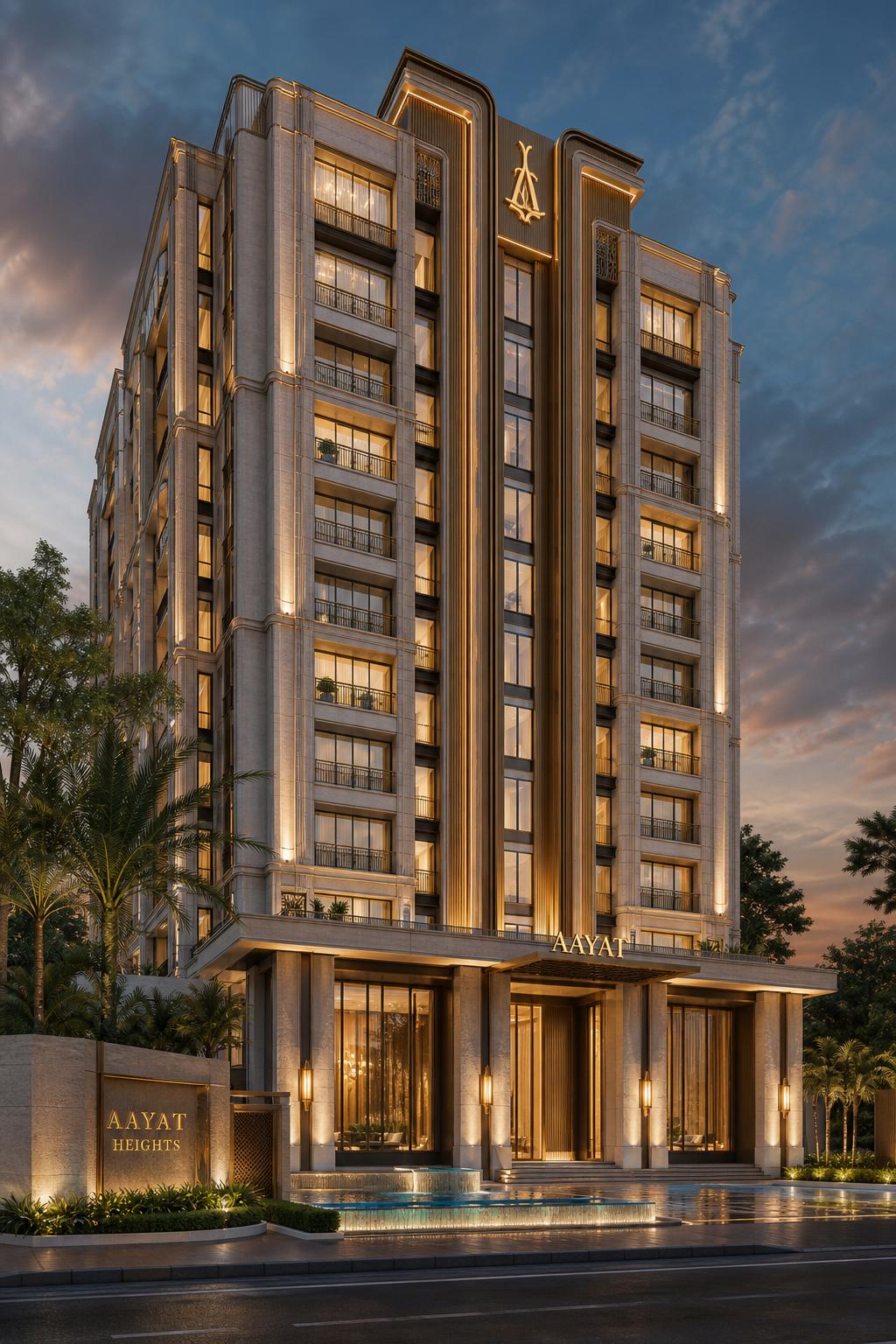 Aayat Heights — landmark residential tower in Dhaka at twilight